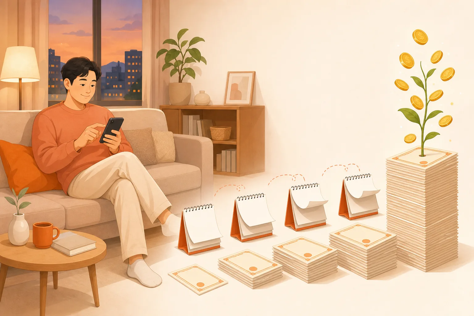 저녁에 소파에서 스마트폰으로 부업하는 파트너 — 달력이 넘어갈 때마다 주식 증서가 매월 쌓이고, 쌓인 주식에서 배당(동전)이 자라나는 모습